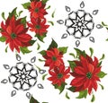 Red flowers pattern with geometr shapes. Cute floral seamless background. - vector