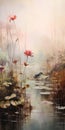 Red Flowers On Pond Bank: A Jessica Rossier-inspired Wetland Painting Royalty Free Stock Photo