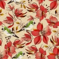 Red flowers seamless pattern and cute birds print Royalty Free Stock Photo