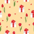 Red flowers tulips, hearts and white gift boxes with bows on a yellow background. Seamless festive pattern for Valentine`s Day.