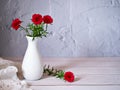 Red flowers in vase on table still life flowers for background or wallpaper ,red moss rose purslane portulaca grandiflora ,text me Royalty Free Stock Photo