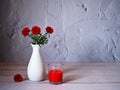 Red flowers in vase on table still life flowers for background or wallpaper ,red moss rose purslane portulaca grandiflora ,text me Royalty Free Stock Photo