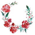 Red flowers wreath. Watercolor illustration. Royalty Free Stock Photo
