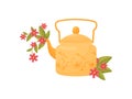 Red flowers in yellow teapot on white background.