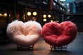 Red fluffy heart forms armchairs in the city at night. Valentines day concept