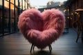 Red fluffy heart forms armchairs in the city at night. Valentines day concept