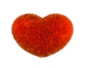 Red fluffy heart. Furry plush heart on white background. Heart shape red fluffy soft pillow or cushion for Valentine`s