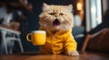 a red fluffy kitten with a mug in a yellow shirt screams demanding coffee, banner