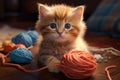 A red fluffy kitten is playing with balls of yarn Royalty Free Stock Photo