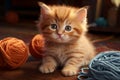 A red fluffy kitten is playing with balls of yarn Royalty Free Stock Photo