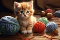 A red fluffy kitten is playing with balls of yarn Royalty Free Stock Photo