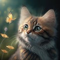 red fluffy kitty watches a flying orange butterfly in the forest Royalty Free Stock Photo