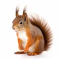 Red fluffy squirrel isolated on white close-up,