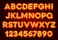 Red fluorescent neon font on dark background.