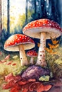 Red fly-agaric mushrooms, forest landscape, digital watercolor illustration