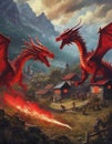 red flying dragons in a village on fire