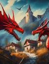 red flying dragons in a village