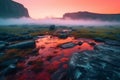 Red foggy sunrise over Roraima mountains. Epic view. Generative AI