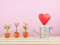 The red foiled chocolate heart stick with small silver watering can Royalty Free Stock Photo