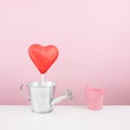 The red foiled chocolate heart stick with small watering can Royalty Free Stock Photo