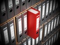 Red folder standing out among black ones inside wooden shelves. 3D illustration Royalty Free Stock Photo