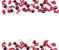 Red food at border of image with copy space for text. Ripe cherries and red currants on a white background. Red berries and fruits Royalty Free Stock Photo