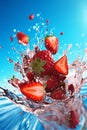 red food healthy water background blue splash freshness fruit strawberry fresh. Generative AI.