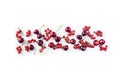 Red food isolated on a white. Ripe cherries and red currants on a white background. Mixed berries with copy space for text. Royalty Free Stock Photo