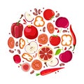 Red food. Red vegetables, fruits in round. Fresh organic food for menu, banner for healthy eating. Eat colors for your