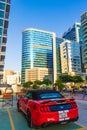 Red Ford Mustang car Barsha Heights street Dubai UAE