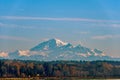 Red forest and snow-capped mountains against the blue sky, a stone river bank and a green river