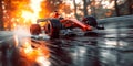 red formula one racing car driving fast on race track in nature at sunset Royalty Free Stock Photo