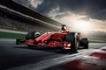 Red formula race car on track with driver in action. 3D rendering, Ferrari F1 on the track. Sport car racing formula one in race Royalty Free Stock Photo