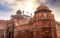 Red Fort Delhi exterior view at sunset with moody sky. Red Fort a historic medieval fort is a UNESCO World heritage site Royalty Free Stock Photo