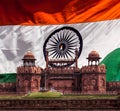 Red Fort (Lal Qila) against Indian national flag. Delhi, India Royalty Free Stock Photo