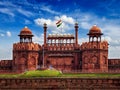 Red Fort Lal Qila with Indian flag. Delhi, India