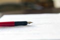 Red fountain pen lying on the paper Royalty Free Stock Photo