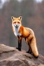 A stunning red fox stands poised on a rocky outcrop