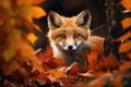 red fox in autumn leaves, close-up portrait, shallow depth of field, A curious fox peeking out of an autumn forest, AI Generated