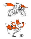 Fox on the bike and fox football player. Color manual graphics, perfect for registration of sporting events, children`s events.