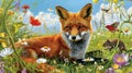 Red fox, bird, weasel squirrel, meadow flowers. Generative Ai Royalty Free Stock Photo