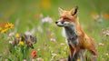 Red fox, bird, weasel, squirrel meadow flowers. Generative Ai Royalty Free Stock Photo