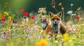 Red fox, bird, weasel squirrel, meadow flowers. Generative Ai Royalty Free Stock Photo