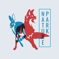 red fox and blue hare silhouette stamp. Risograph effect. Royalty Free Stock Photo