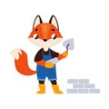 Red Fox Builder Character Laying Bricks Vector Illustration