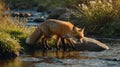Red Fox Pauses for a Refreshing Drink in a Glistening River Royalty Free Stock Photo