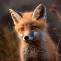 Red fox cub in meadow, vulpes vulpes, Small young cub in forest