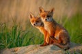 Red fox cubs at sunset curiously looking in camera. Royalty Free Stock Photo