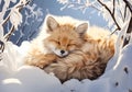 Red fox curled up sleeping in winter landscape with falling snow. AI generated