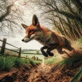 Red fox runs through the undergrowth in the countryside